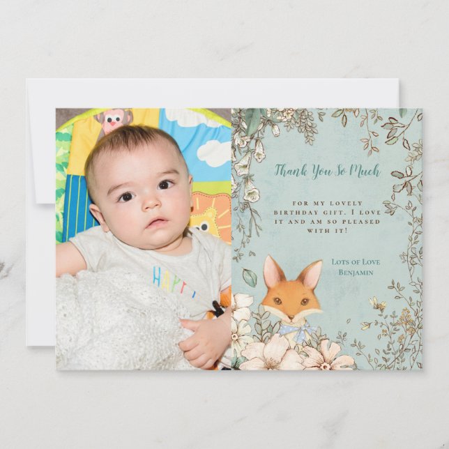 Vintage Cute Fox Photo First Birthday Thank You (Front)