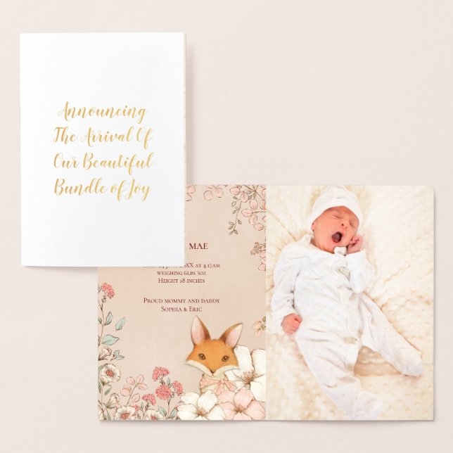 Vintage Cute Fox Photo Girl Birth Announcement (Display)