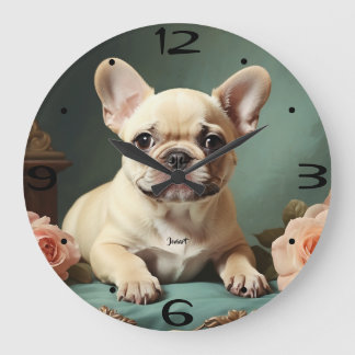 Vintage Cute French Bulldog Portrait Puppy Dog Large Clock