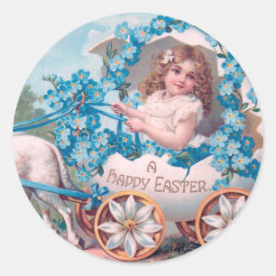 Vintage Cute Girl in Easter Egg Carriage by Lambs Classic Round Sticker