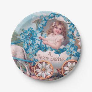 Vintage Cute Girl in Easter Egg Carriage by Lambs Paper Plate