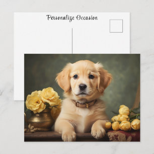 Vintage Cute Golden Retriever Puppy Dog Portrait Postcard