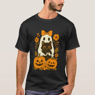 Vintage Cute Halloween Ghost Holding Black Cat Aut T-Shirt