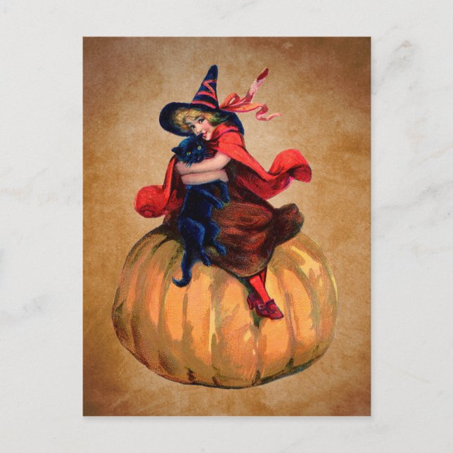 vintage cute halloween witch and cat postcard (Front)