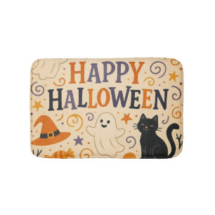 Vintage, cute happy halloween bat, ghost, pumpkin bath mat