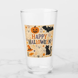 Vintage, cute happy halloween bat, ghost, pumpkin glass