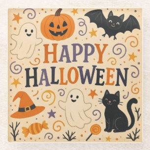 Vintage, cute happy halloween bat, ghost, pumpkin glass coaster
