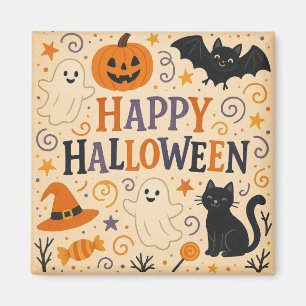 Vintage, cute happy halloween bat, ghost, pumpkin magnet