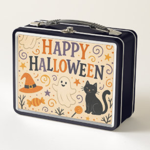 Vintage, cute happy halloween bat, ghost, pumpkin metal lunch box