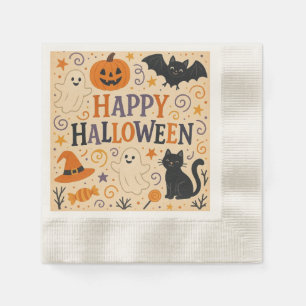 Vintage, cute happy halloween bat, ghost, pumpkin napkin