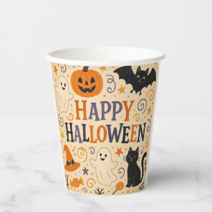 Vintage, cute happy halloween bat, ghost, pumpkin paper cups