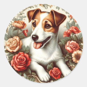 Vintage Cute Jack Russell Terrier Floral Classic Round Sticker