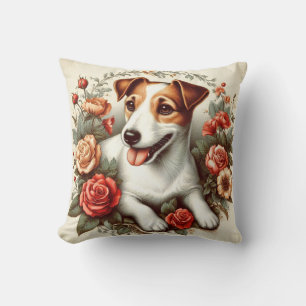 Vintage Cute Jack Russell Terrier Floral Cushion