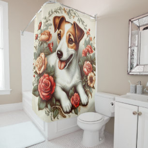 Vintage Cute Jack Russell Terrier Floral Shower Curtain