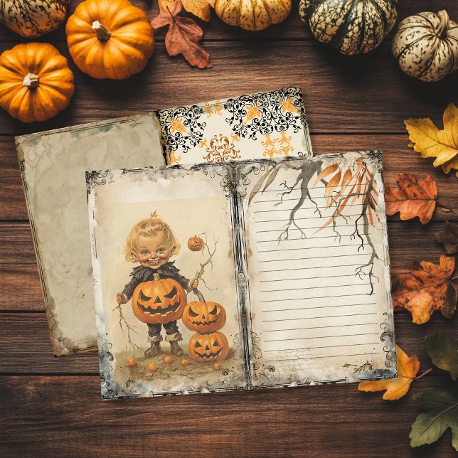 Vintage Cute Kid Halloween Junk Journal Page (Vintage Halloween junk journal page with child and pumpkins)