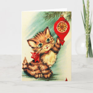 Vintage Cute Kitten By Christmas Tree Holiday Card