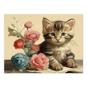 Vintage Cute Kitten Portrait Soft Colour Flowers Photo Print