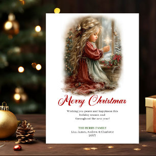 Vintage Cute Little Girl Winter Scene Greeting Car Holiday Card