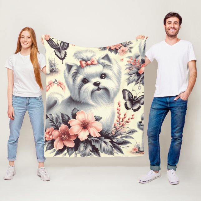 Vintage Cute Maltese Illustration Fleece Blanket (In Situ)
