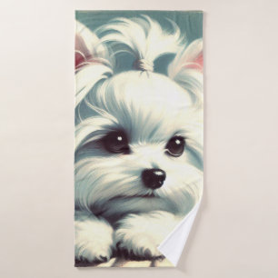 Vintage Cute Maltese Painting Bath Towel