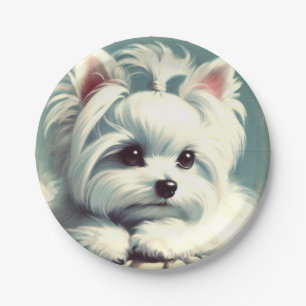 Vintage Cute Maltese Painting Paper Plate