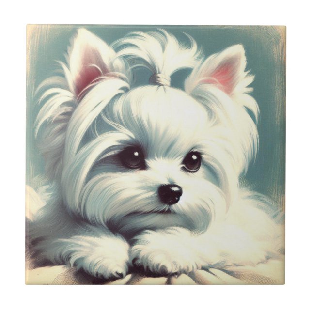 Vintage Cute Maltese Painting Tile (Front)