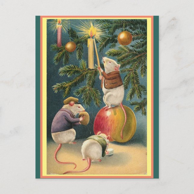 Vintage Cute Mice lighting candles Christmas tree Postcard (Front)