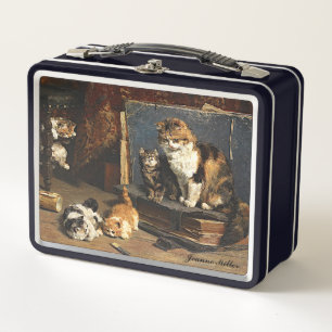 Vintage Cute Orange Black & White Cat With Kittens Metal Lunch Box