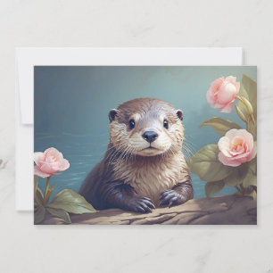 Vintage Cute Otter Cub Rose Portrait Timeless Art  Holiday Card