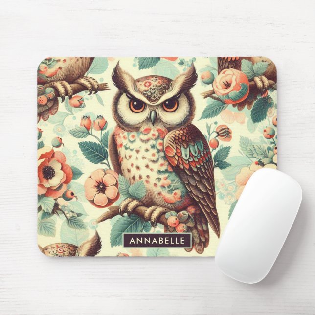 Vintage Cute Owl Pattern Mouse Pad (With Mouse)