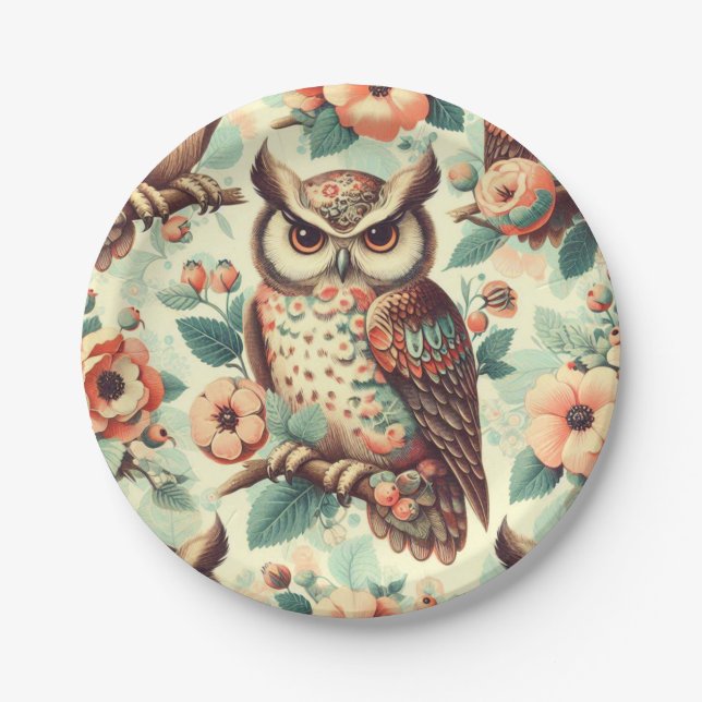 Vintage Cute Owl Pattern Paper Plate (Front)
