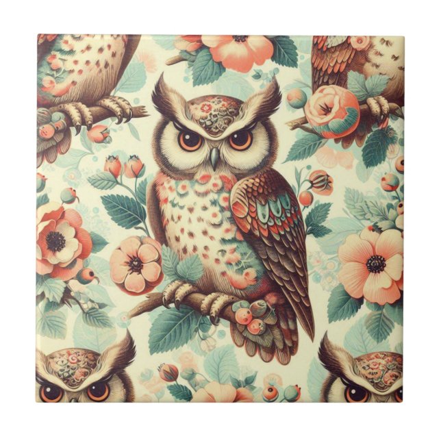 Vintage Cute Owl Pattern Tile (Front)