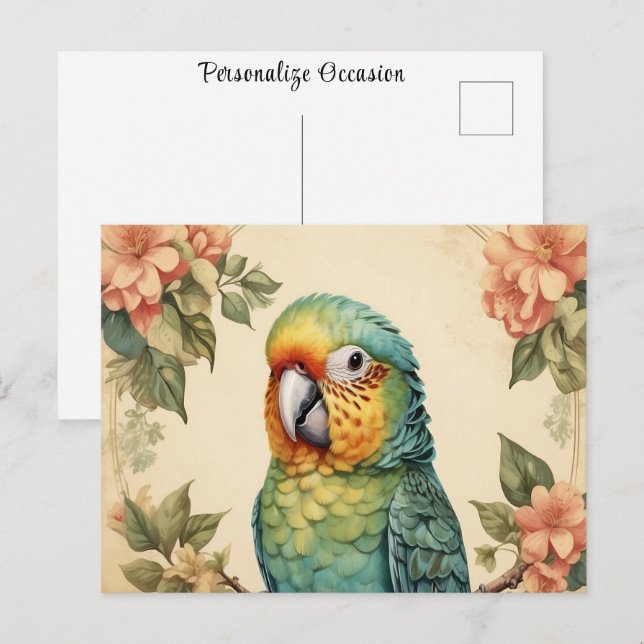 Vintage Cute Parakeet Budgie Portrait Flowers   Postcard (Front/Back)