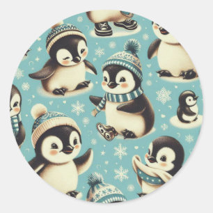 Vintage Cute Penguin Pattern Classic Round Sticker