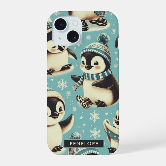 Vintage Cute Penguin Pattern iPhone 15 Case (Back)