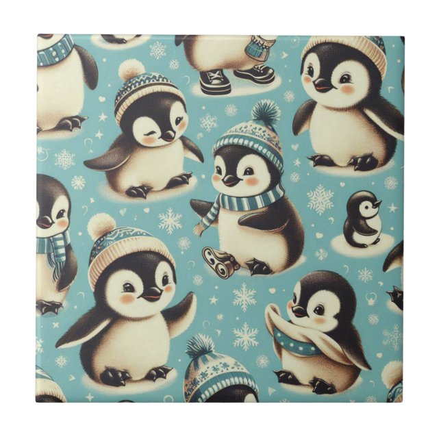 Vintage Cute Penguin Pattern Tile (Front)