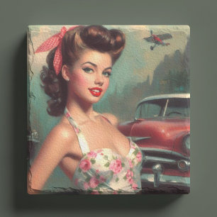 Vintage Cute Pin-Up Painting Stone Coaster