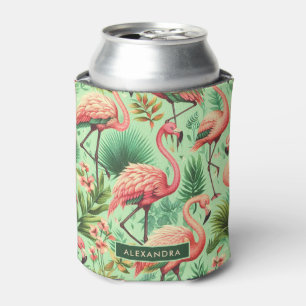 Vintage Cute Pink Flamingos Can Cooler