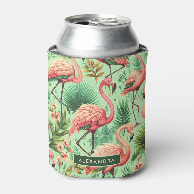Vintage Cute Pink Flamingos Can Cooler (Can Front)