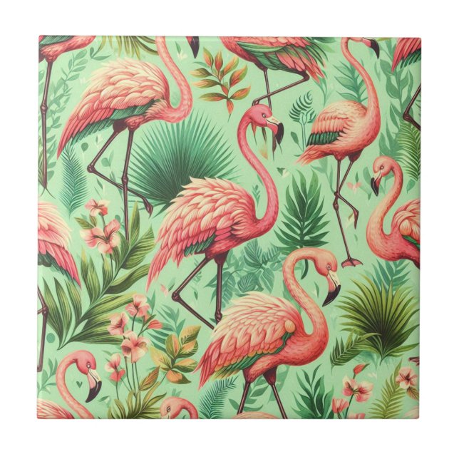 Vintage Cute Pink Flamingos Tile (Front)