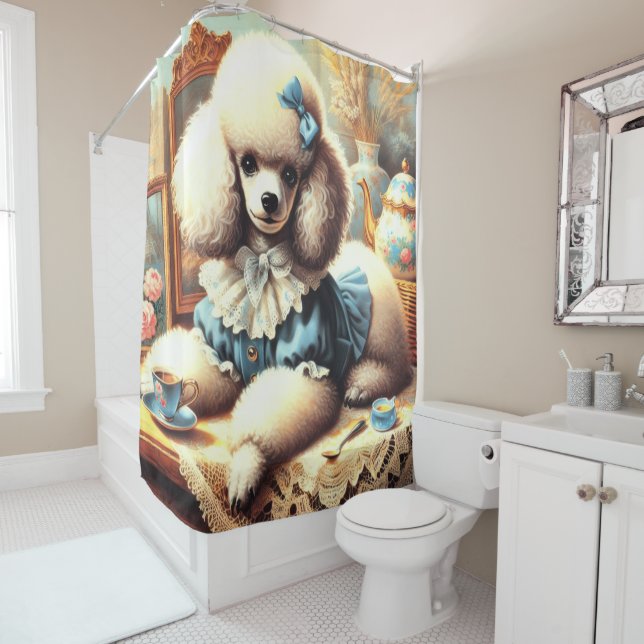 Vintage Cute Poodle Painting Shower Curtain (In Situ)
