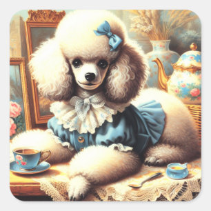 Vintage Cute Poodle Painting Square Sticker