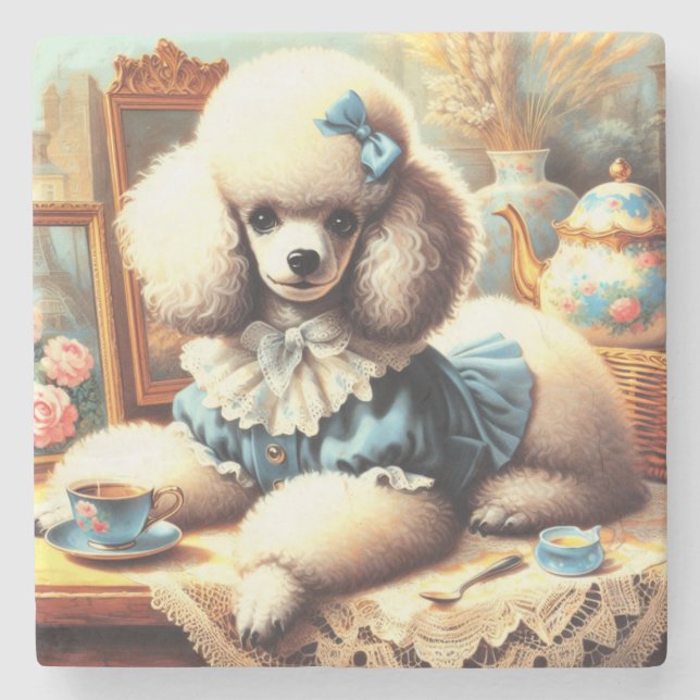 Vintage Cute Poodle Painting Stone Coaster (Front)