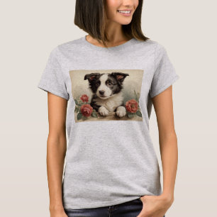 Vintage Cute Puppy Portrait Border Collie Rose Dog T-Shirt
