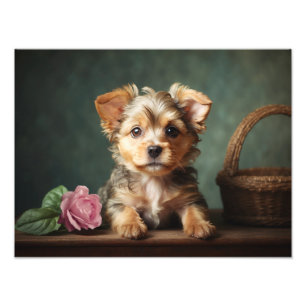 Vintage Cute Puppy Yorkshire Terrier Rose Portrait Photo Print