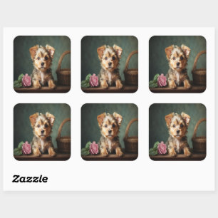 Vintage Cute Puppy Yorkshire Terrier Rose Portrait Square Sticker