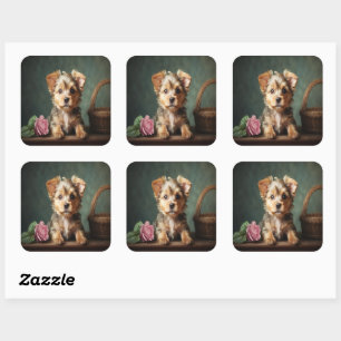 Vintage Cute Puppy Yorkshire Terrier Rose Portrait Square Sticker