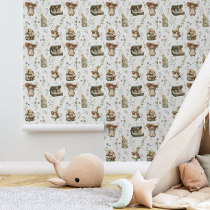 Vintage Cute Rabbit Whisical Wildflowers Nursery Wallpaper