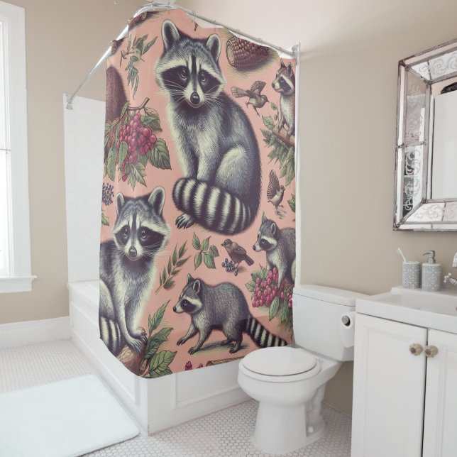 Vintage Cute Racoon Shower Curtain (In Situ)