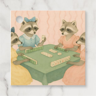 Vintage Cute Racoons Playing Mahjong Favour Tags